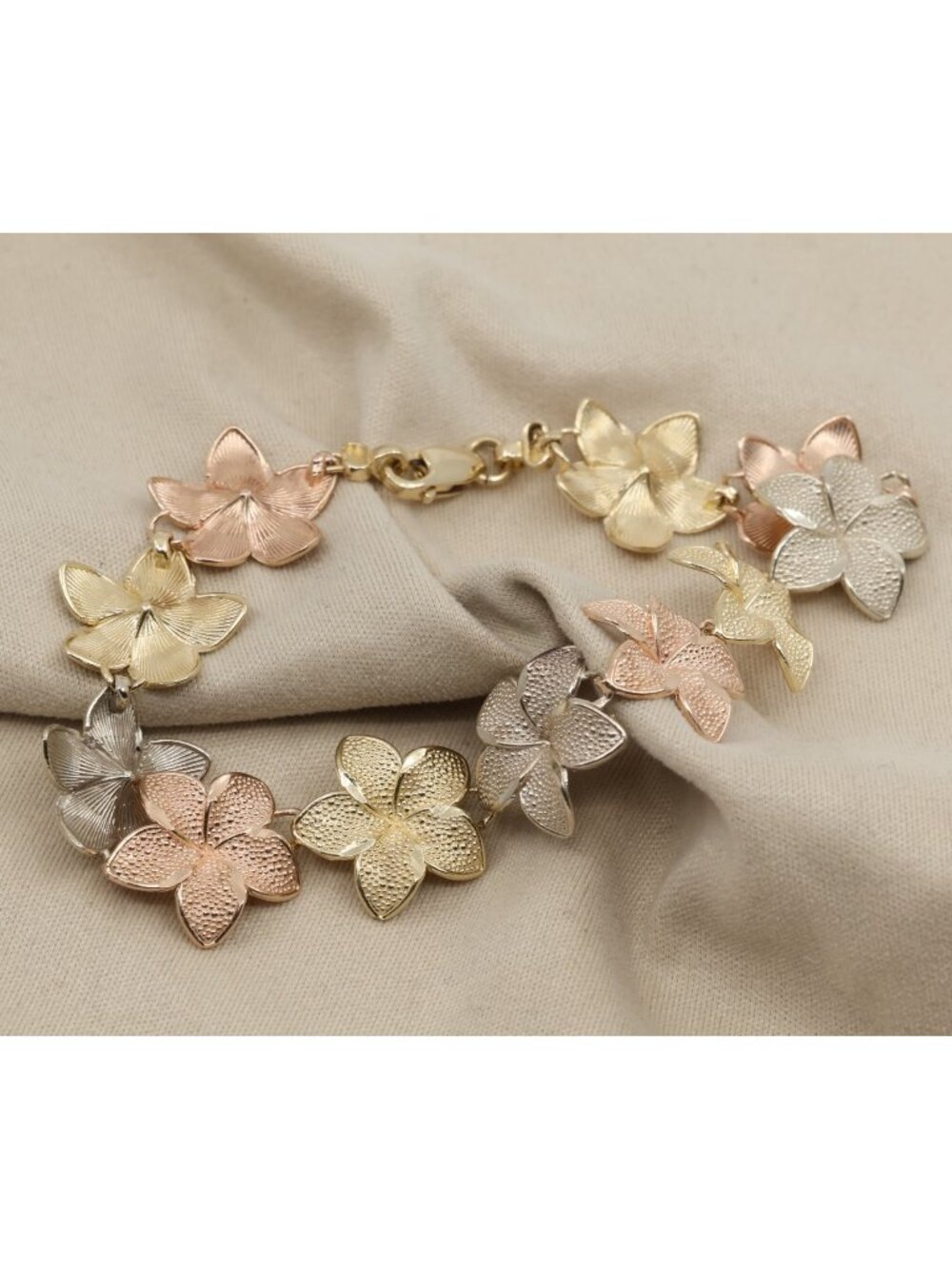 14K Tri Tone Multi Color Gold Plumeria Hibiscus Flower Link Bracelet - 7.50" L